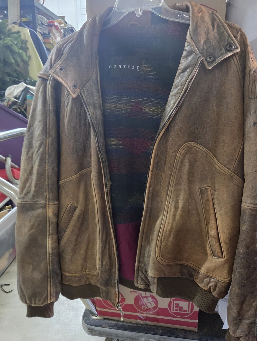Context Distressed Lambskin Leather Bomber Jacket Southwestern Lining XLT